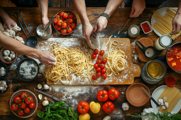 Italian Cooking Class People learn to make pasta from scratch. Surrounded by ingredients and cooking equipment