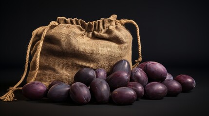 Plum Fruit Harvest in Jute Sack, Isolated on White Background

