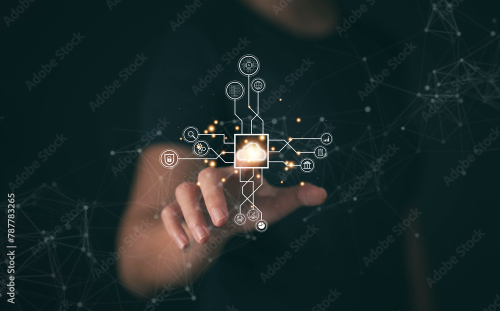 Poster big data analysis. businessman uses finger to touch cloud-shaped icons. concept of linking big data 