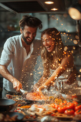 A couple is cooking in the kitchen while they are cooking meat. They are smiling and having fun.