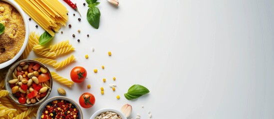 Top view of pasta ingredients on white background - obrazy, fototapety, plakaty