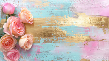 Shabby Chic Blossoms: Textured Rose Artwork with Gold Leaf Accents on Canvas for Elegant Home Decor and Wedding Backdrops