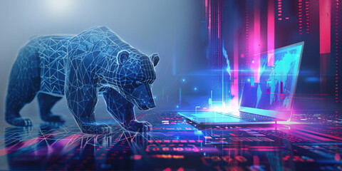 3d rendering of bear and laptop computer and indicator graph for stock investor