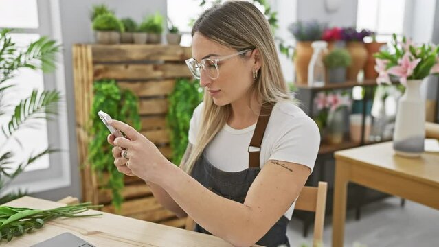 A focused young woman examines her smartphone in a vibrant flower shop with green plants in the background.
