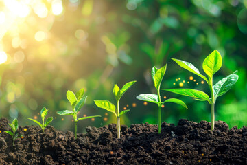 a row of green sprouts, seedling from small to large on a blurred green background, the concept of growth, development, result