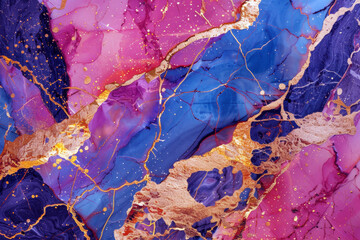 Abstract background of blue, pink, purple and gold marble textured stone