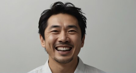 young japanese middle aged man on plain bright white background laughing hysterically looking at camera background banner template ad marketing concept from Generative AI