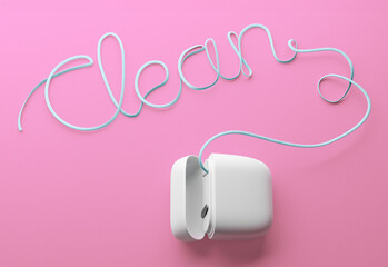 Dental floss as the word Clean. pink background. 3d render