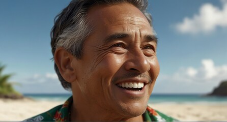 young native hawaiian elderly man on plain bright white background laughing hysterically looking at camera background banner template ad marketing concept from Generative AI