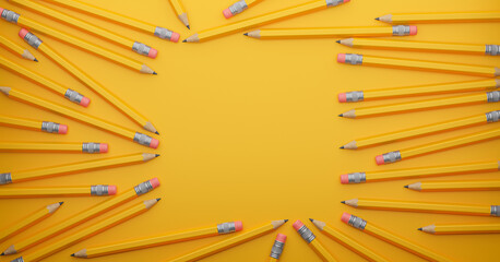 Square frame of pencils on a yellow background. 3d render