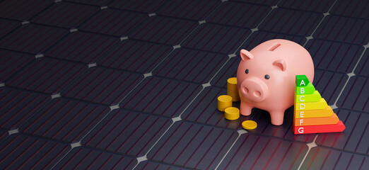 Energy efficiency of solar panels. Piggy bank with coins and solar panel. Copy space for text. 3d render