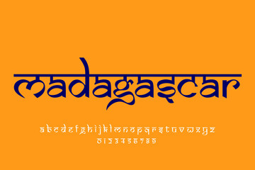 country Madagascar text design. Indian style Latin font design, Devanagari inspired alphabet, letters and numbers, illustration.