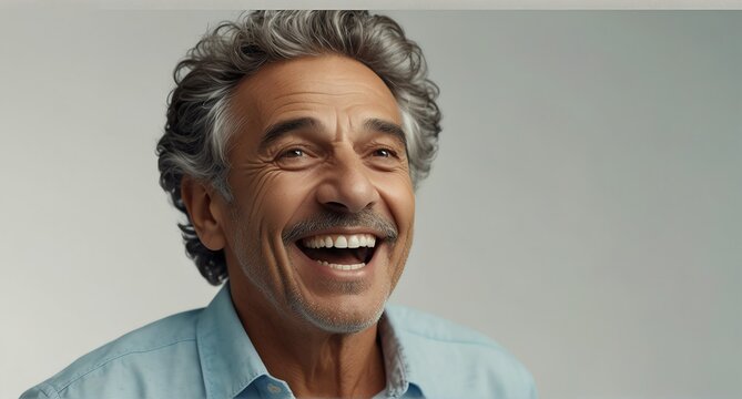 young italian elderly man on plain bright white background laughing hysterically looking at camera background banner template ad marketing concept from Generative AI