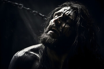 Jesus Christ grappling with a chain locked around his neck. - obrazy, fototapety, plakaty