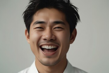 young japanese man on plain bright white background laughing hysterically looking at camera background banner template ad marketing concept from Generative AI - obrazy, fototapety, plakaty