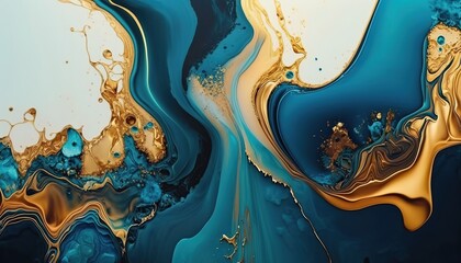 Beautiful abstract blue, turquoise, and gold colors paint wavy smears on white, modern luxury art, acrylic or oil paints. Artistic background.