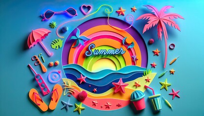 Colorful summer  background with vibrant rainbow, beach essentials sea waves