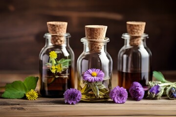 jars with essential oil of medicinal flowers on a wooden table Generative AI