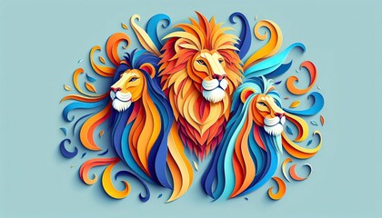 Three majestic lions paper art style