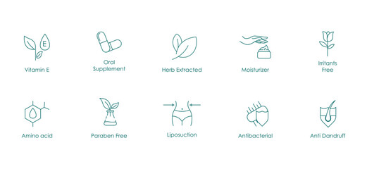 Skin Harmony: Vector Icon Collection for Hyaluronic Acid, Glycolic Acid, AHA, Charcoal, Exfoliate, Collagen, Skin Serum, Vitamins, Irritants Free, Aloe Vera, Lotion, Antioxidant, Cruelty Free