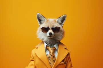 Obraz premium Stylish portrait of dressed up imposing anthropomorphic handsome fox wearing glasses and suit on vibrant orange background with copy space. Funny pop art illustration.