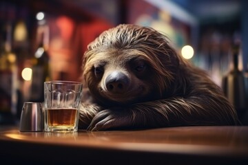 Obraz premium Drinking sloth with a glass of beer.