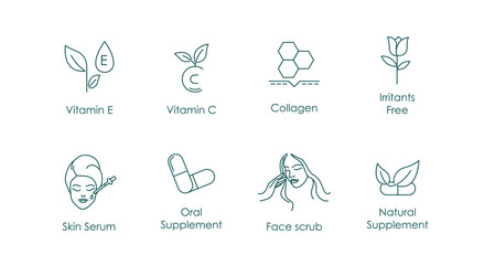 Vitamin E, Vitamin C, Collagen, Irritants Free, Face Serum, Oral Supplement, Face Scrub, Vector Icons Set