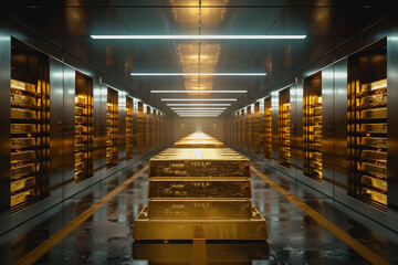 A stack of gold bars rests in the security room - obrazy, fototapety, plakaty