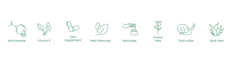 Niacinamide, Vitamin E, Supplements, Herb Extracted, Irritants Free, Snail Lotion, Aloe Vera, Vector Icons Set.