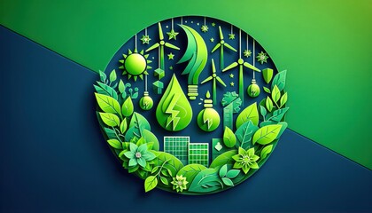 Green energy symbols and natural elements framed against environmental transition