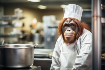 Orangutan as a chef cook in a restaurant kitchen.