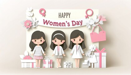 Women’s Day celebration with charming cartoon figures blossoming flowers gifts