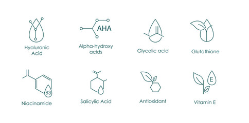 Hyaluronic Acid, AHA, Glycolic Acid, Glutathione, Salicylic Acid, Antioxidant, Vitamin E Vector Icons Set