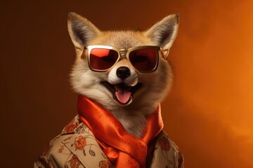 Funny fashion fox wearing sunglasses. - obrazy, fototapety, plakaty