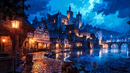 illustration painting of medieval Germanic city in a fierce evening rain storm - obrazy, fototapety, plakaty