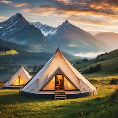 camping in the mountains,countryside scene  glamping tents set against a backdrop of rolling hills and majestic mountains, providing a luxurious camping experience amidst pristine natural surroundings