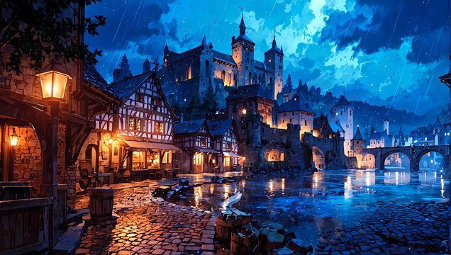 illustration painting of medieval Germanic city in a fierce evening rain storm