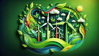 A vibrant green ecosystem with wind turbines and solar panels under the bright sun, symbolizing sustainable energy, paper art