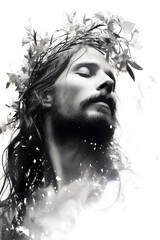 Man portrayed as Jesus with long hair and flower crown