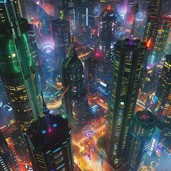 Futuristic Metropolis of Towering Skyscrapers Holographic Projections and Neon Lit Nightscape