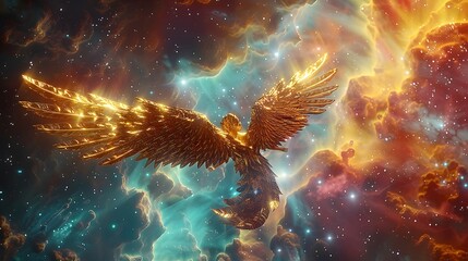 Majestic Angel with Golden Wings Soaring Through Vibrant Celestial Nebula - obrazy, fototapety, plakaty