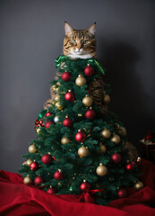Cat dressed as Christmas tree