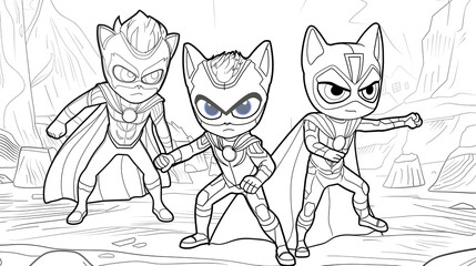 Action-packed PJ Masks Trio Ready for Coloring: Catboy, Owlette, and Gekko Outline Illustration - obrazy, fototapety, plakaty
