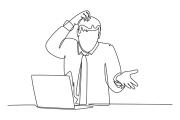 One continuous line drawing of busy people in stress and fatigue at work. Doodle vector illustration in simple linear style