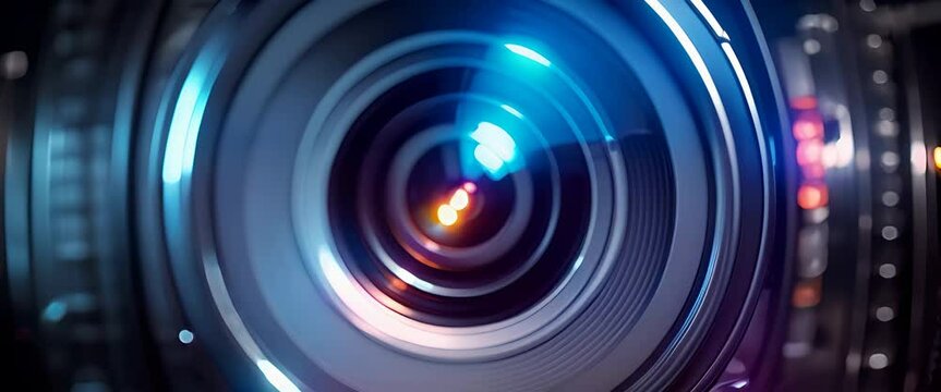 Camera lens close-up with colorful reflections. Bringing a camera lens slowly into a sharp focus from complete blur