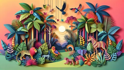 Colorful jungle paradise with diverse wildlife and lush vegetation under a golden sunset, paper art