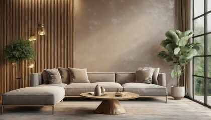 Luxury living room in warm colors. Brown beige walls, light gray lounge furniture -sofa, table. Empty background microcement for art. Rich interior design. Mockup room office reception. 3d, Ai Generat
