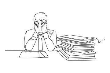 One continuous line drawing of busy people in stress and fatigue at work. Doodle vector illustration in simple linear style