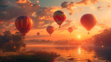 Obraz premium Sunrise Balloon Festival: Colorful Balloons, Tranquil Landscape