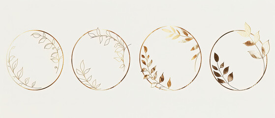 three oval mirrors with gold leaves and leaves on them - obrazy, fototapety, plakaty